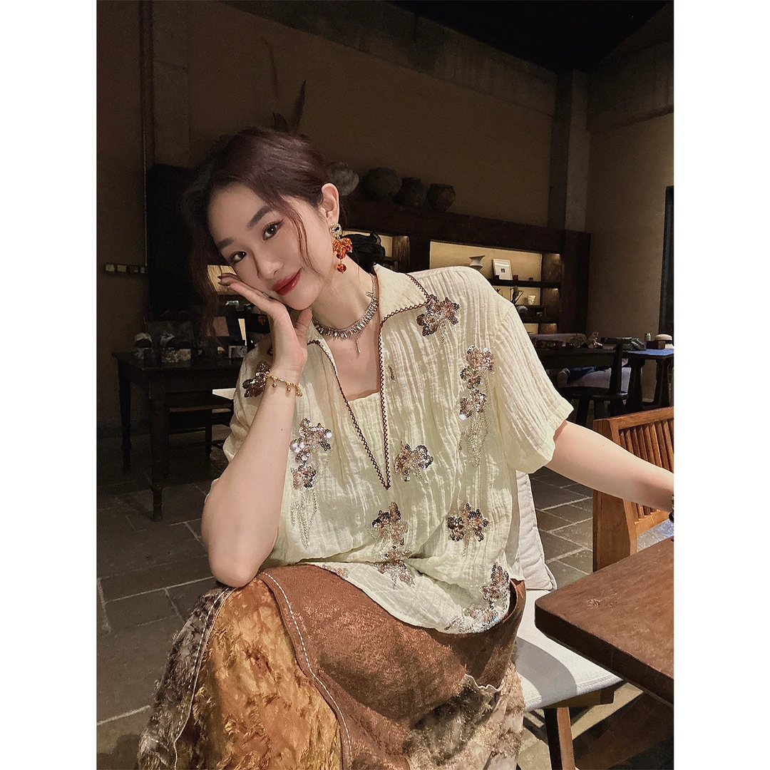 三吉黑花【空谷】新中式上衣国风短袖衬衫2025新款薄款轻奢高级感