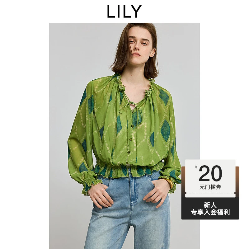 【一秒入夏】LILY2025夏新款复古系带V领收腰花边雪纺衫125249C8965