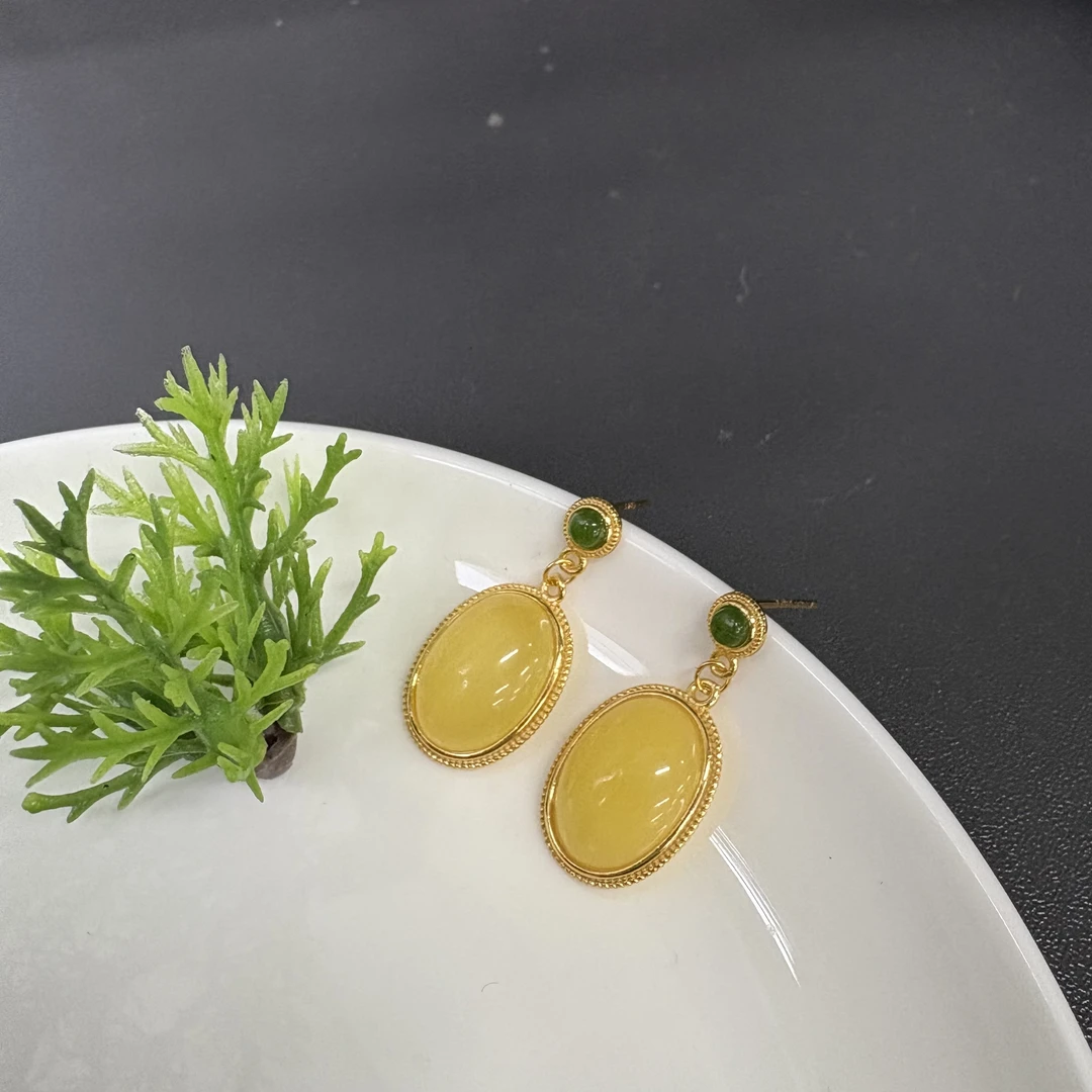 【珠宝厂长】约10*14mm蜜蜡碧玉S925银耳坠