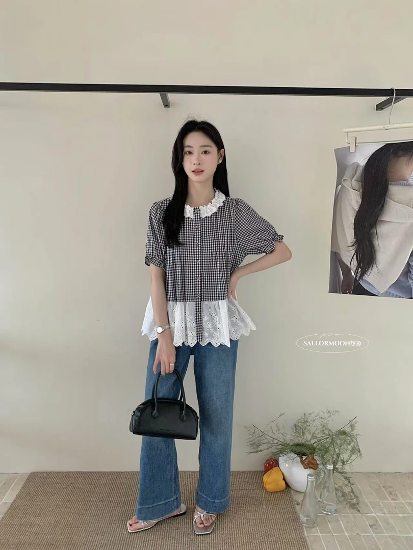 想象@51026 韩系甜美chic蕾丝荷叶边娃娃领小衫 6-19