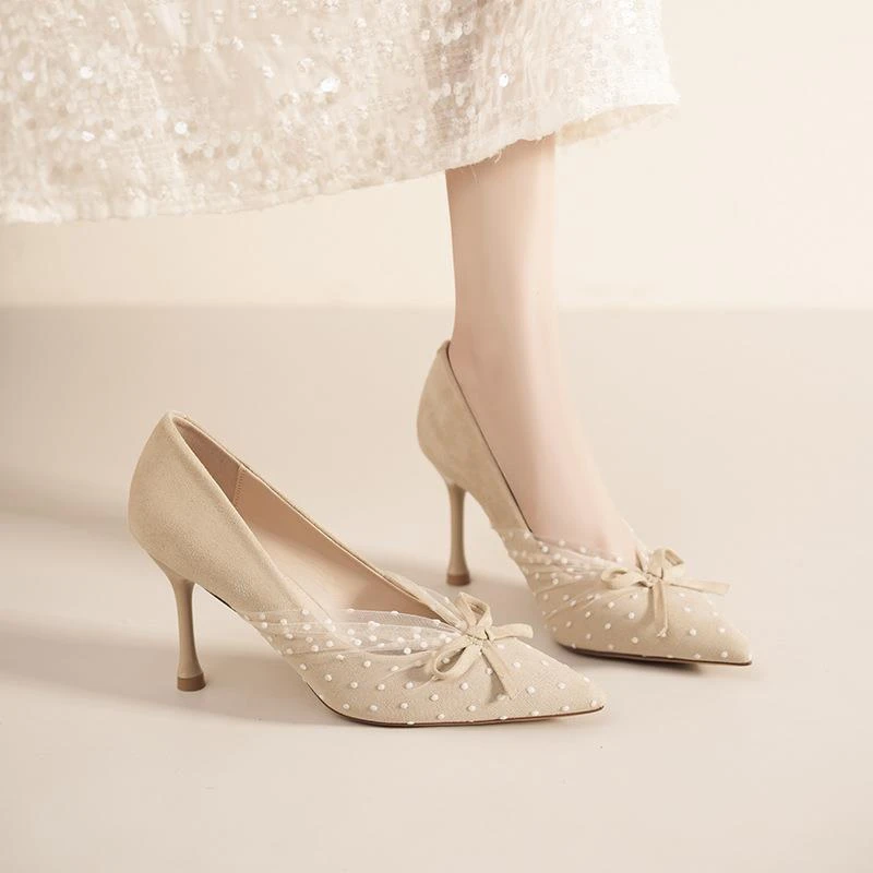 黑色高跟鞋韩版新款气质名媛蝴蝶结蕾丝尖头细跟单鞋百搭礼服鞋