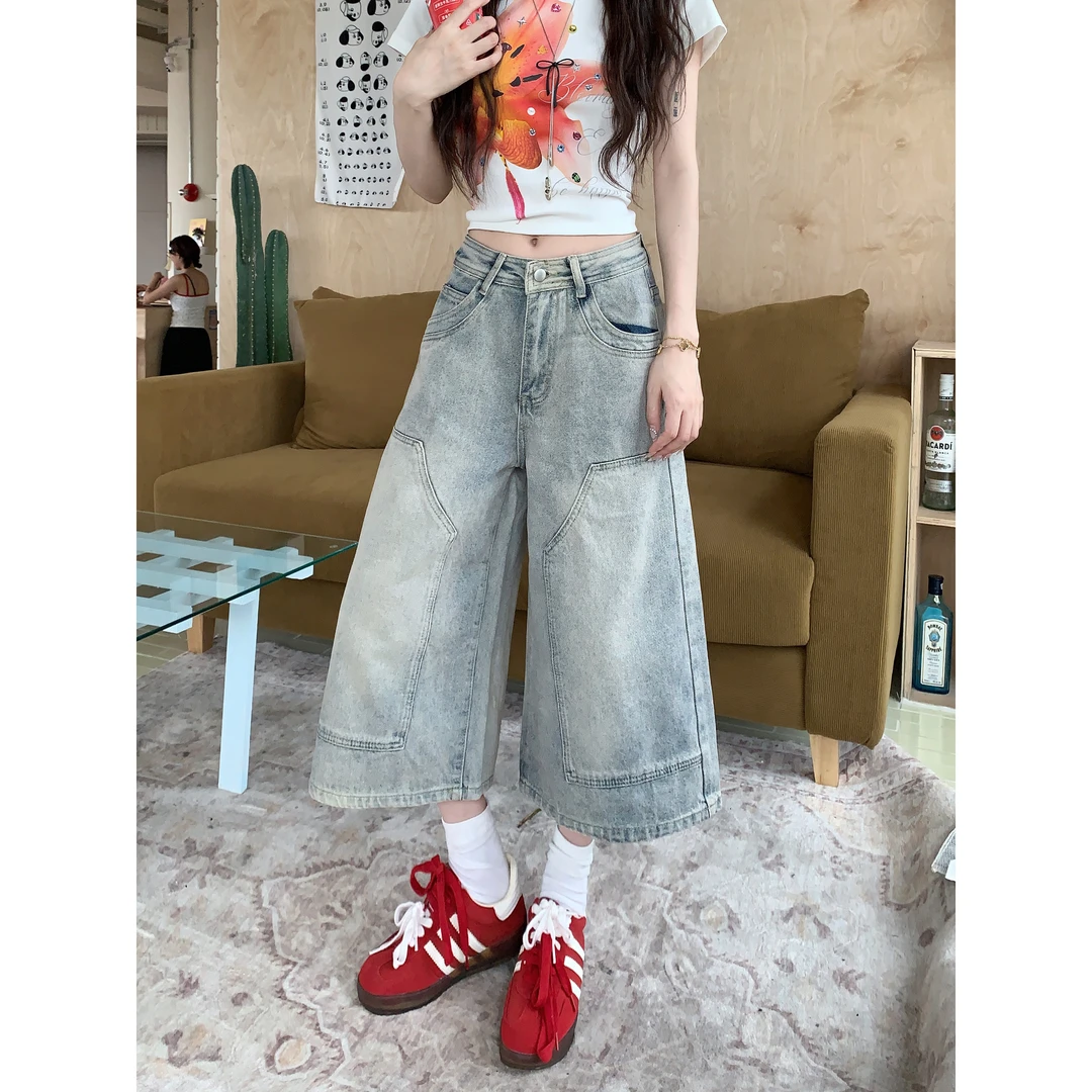 2025夏季新款美式高街水洗做旧宽松直筒阔腿七分牛仔裤中裤女chic