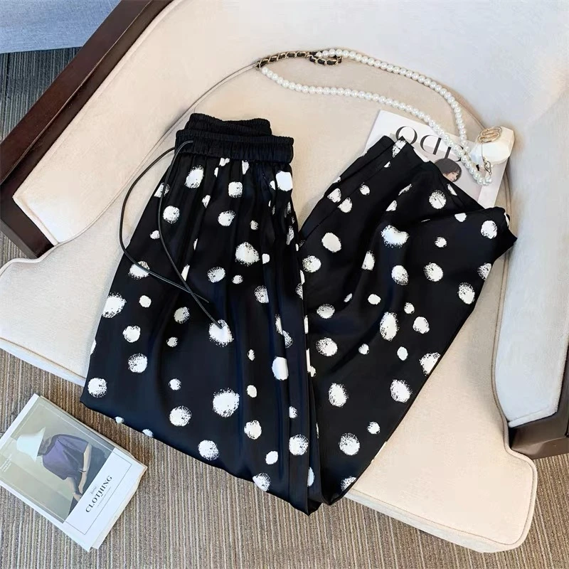 韩版百搭波点窄版阔腿裤女夏季新款梨形宽松休闲裤高腰显瘦直筒裤
