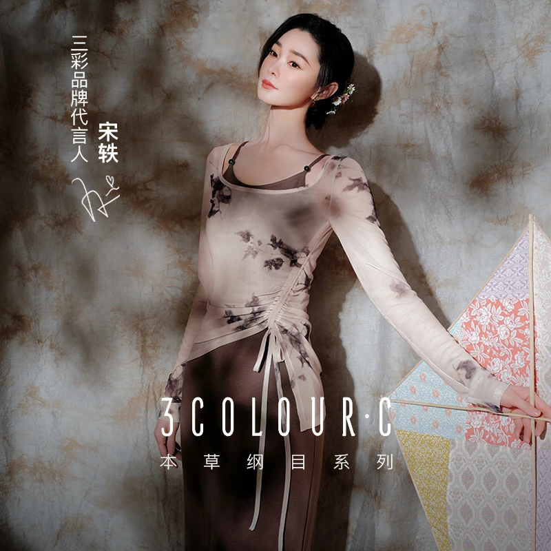 【三彩宋轶同款】2025春季新款新中式网纱吊带连衣裙两件套装女C