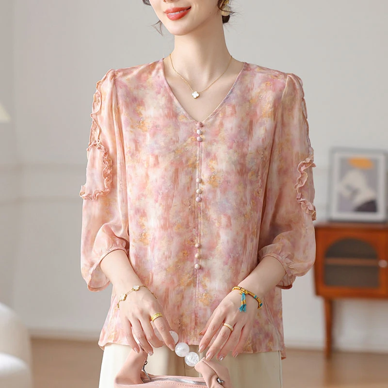 妈妈春夏洋气雪纺小衫中年女装新款中袖衬衫中老年女气质碎花上衣