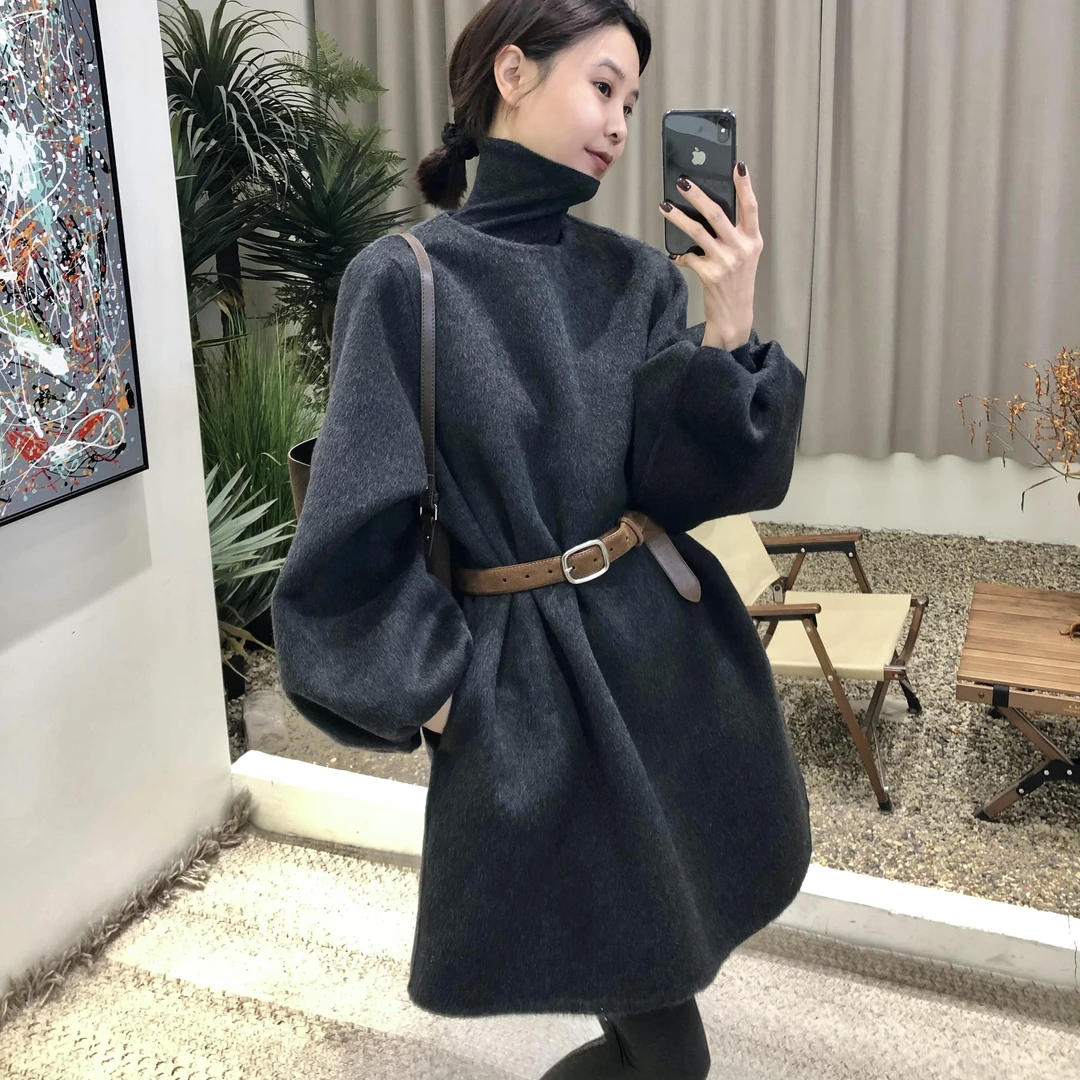 复古巴恩风～冬季双面羊毛俏皮宽松显瘦中长款圆领套头连衣裙外套