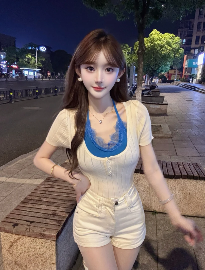 甜辣蕾丝花边挂脖短袖假两件针织上衣