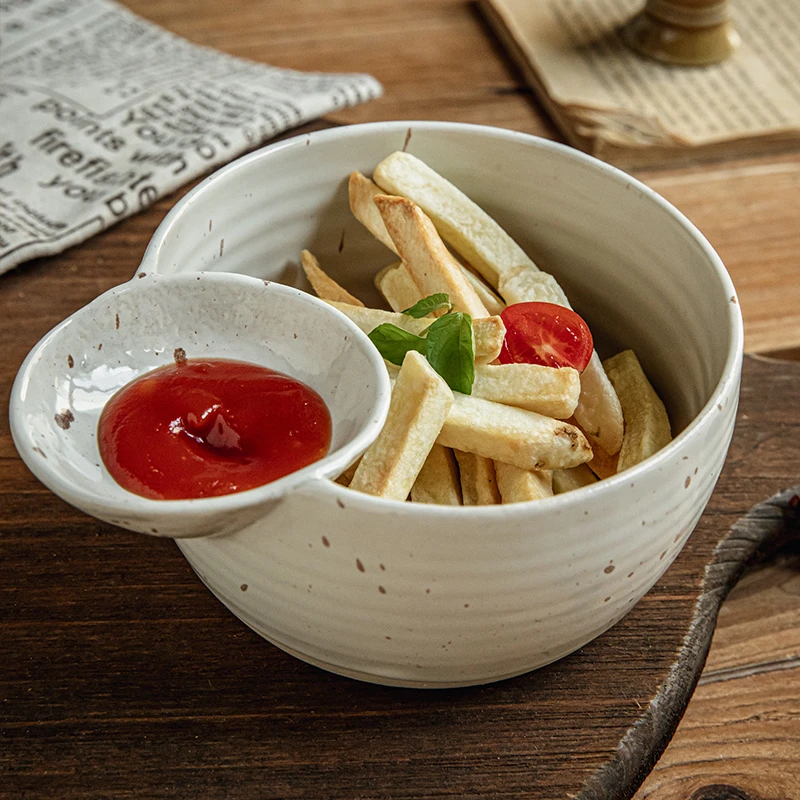 小悠家〖趣味造型分格碗〗自带蘸碟小吃薯条碗餐厅民宿陶瓷零食碗