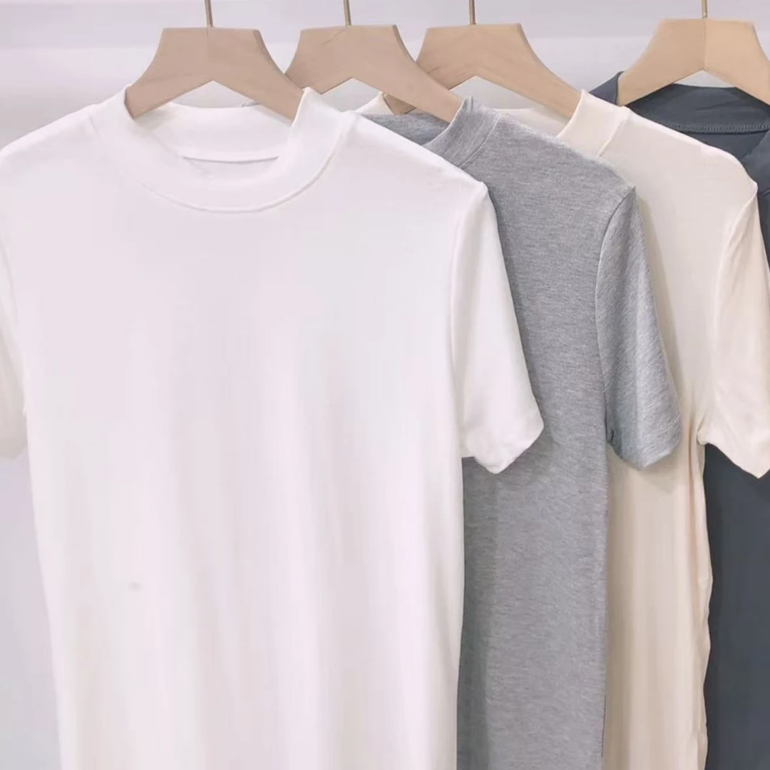 纯色春夏修身女款螺纹棉T恤t恤半高领简约休闲短袖