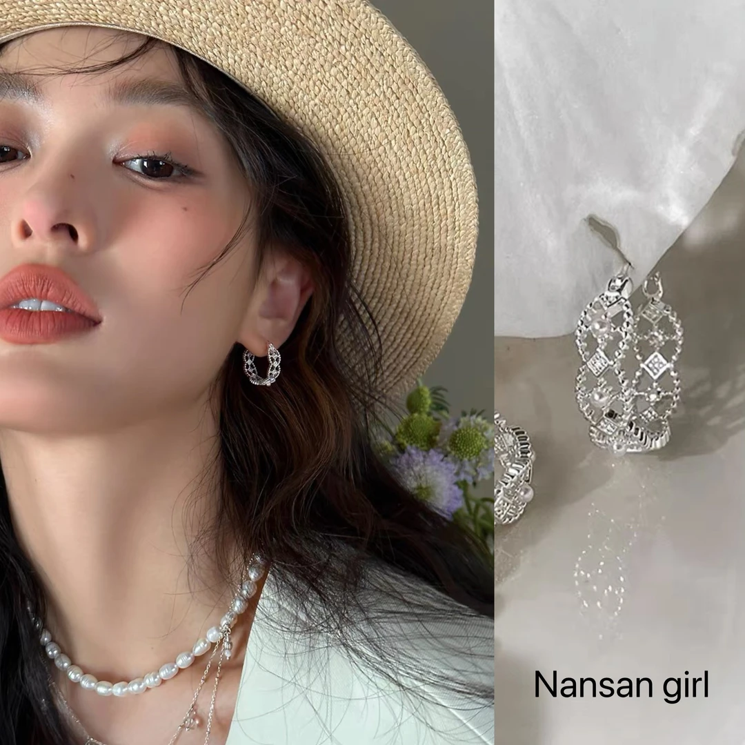 铜合金仿珍珠耳饰 925银针镂空蕾丝珍珠耳环轻奢气质耳圈耳饰女