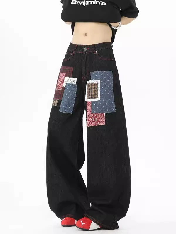 拼接贴布美式直筒阔腿裤百搭复古高街潮流时尚水洗撞色牛仔裤学生