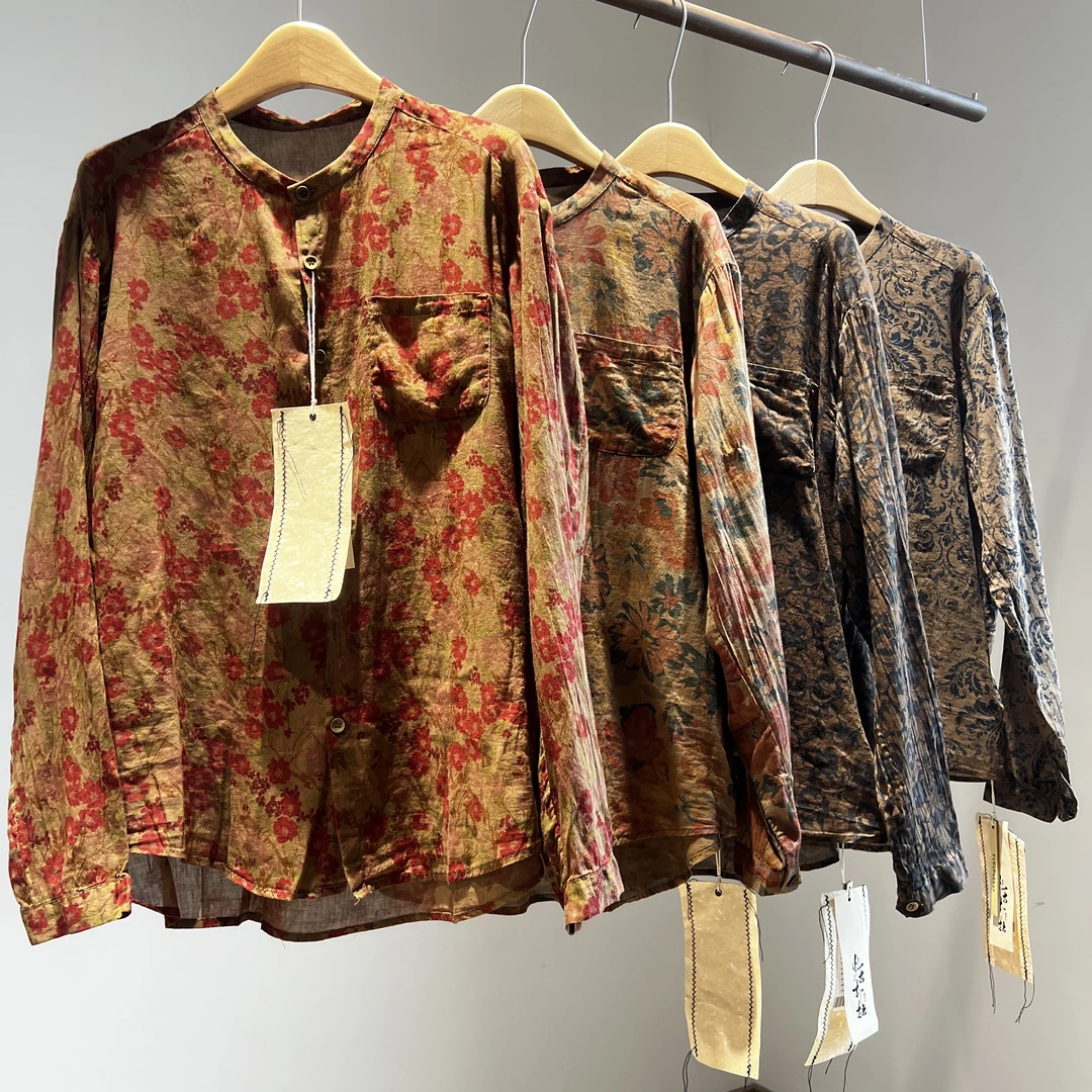 忆古朴拙印花长袖复古纯棉衬衣250333百搭