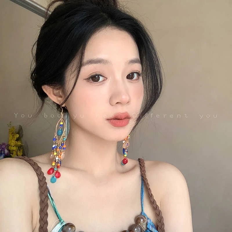 波西米亚风长款流苏耳环女2025年新款感度假风耳钉民族风耳饰