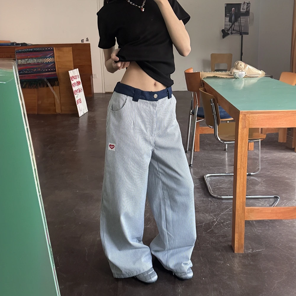爱心刺绣美式复古竖条纹裤子男女设计感小众休闲裤直筒垂感春秋