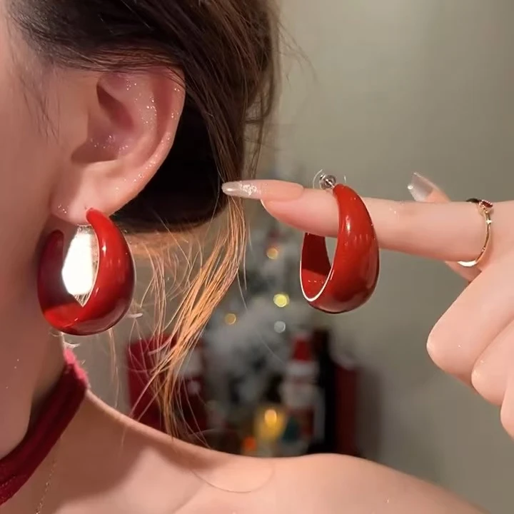 非金属合成锆石耳饰 复古新年红耳环女轻奢耳钉气质百搭耳圈耳