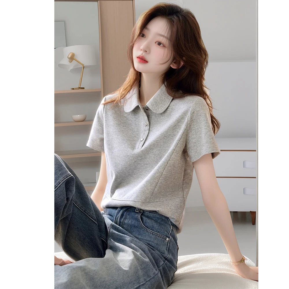 韩系纯色polo领小衫短袖t恤女士小个子夏季新款正肩显瘦气质上衣