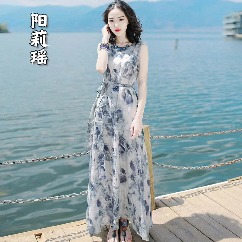 2025新款气质女装早春夏沙滩裙高级感水墨画无袖长裙子度假连衣裙