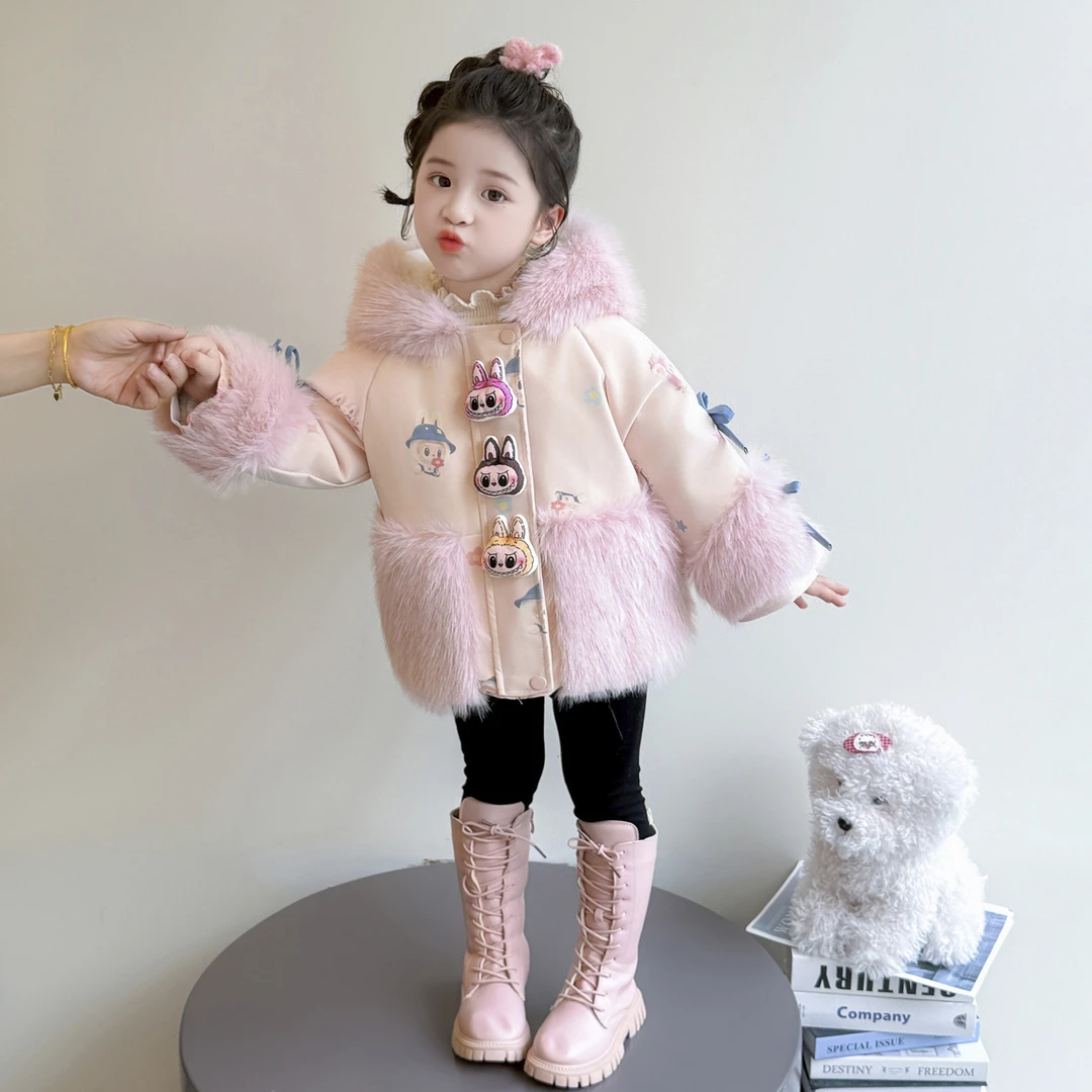 女童拉布布卡通皮草外套冬季新款洋气时尚儿童加绒加厚连帽上衣潮