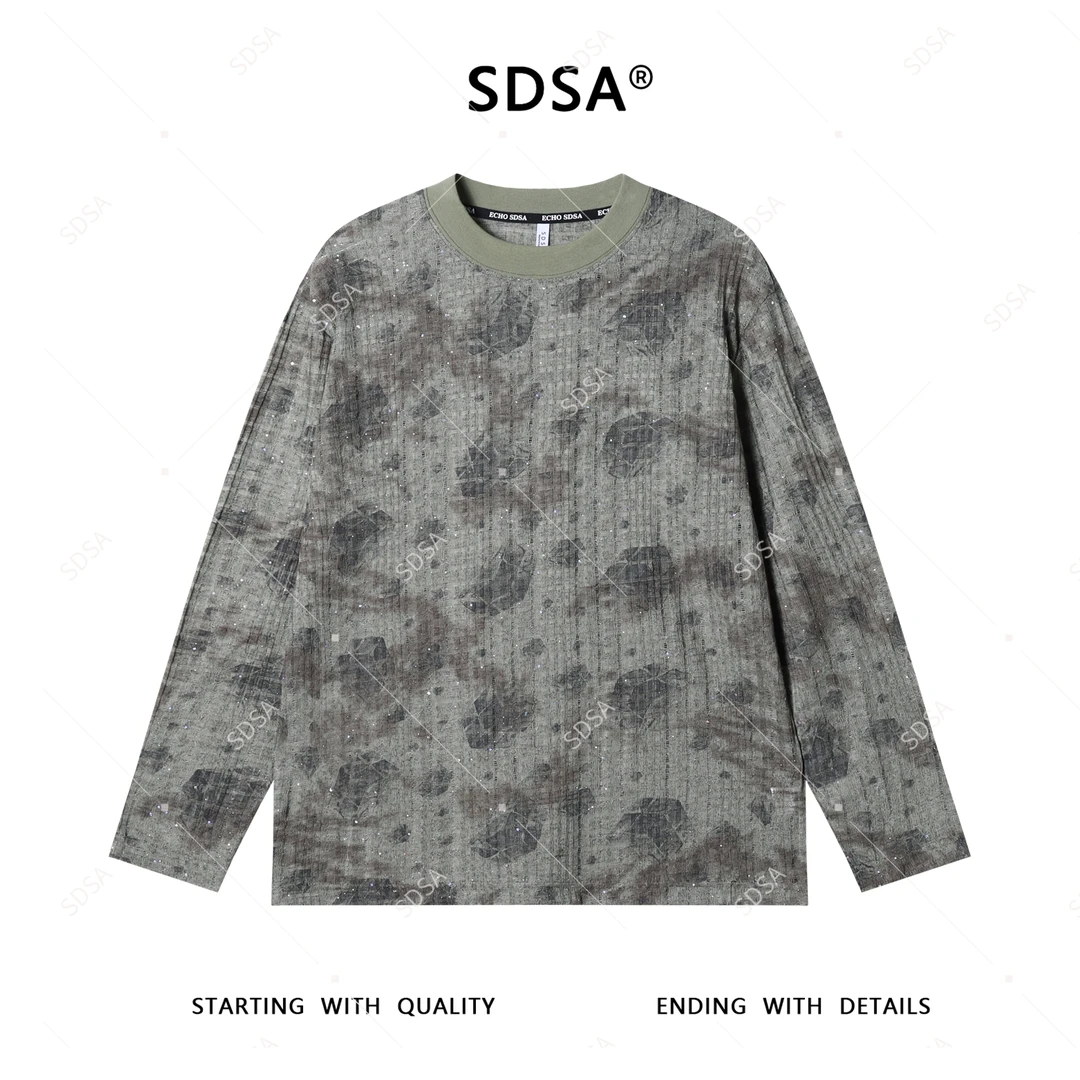 SDSA男士秋冬新款轻奢痞帅男装扎染印花圆领长袖T恤时尚宽松上衣