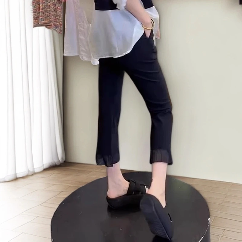 大码女装时尚休闲裤子女九分裤2025年夏季薄款洋气蕾丝拼接花边裤