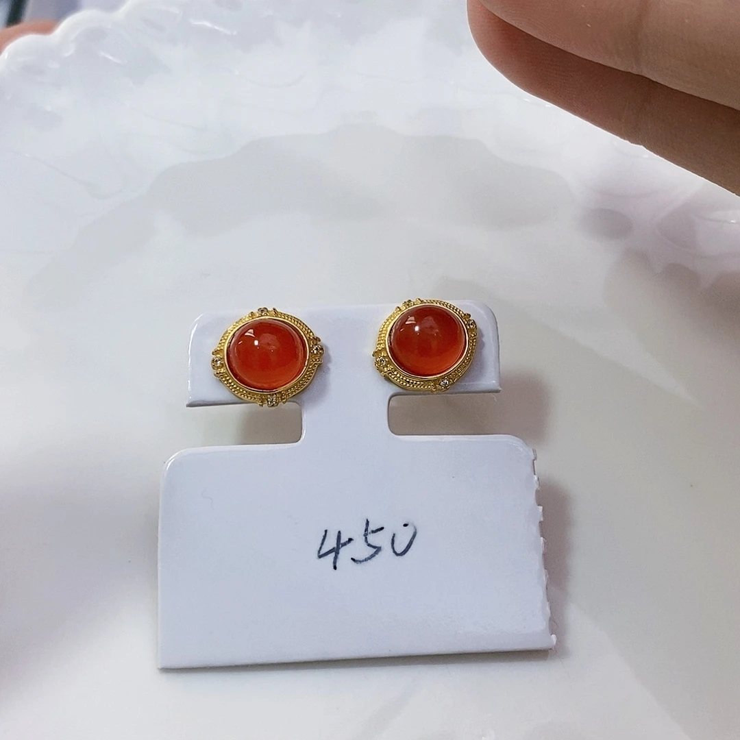 南红玛瑙保山冰红南红耳饰银S925镶嵌