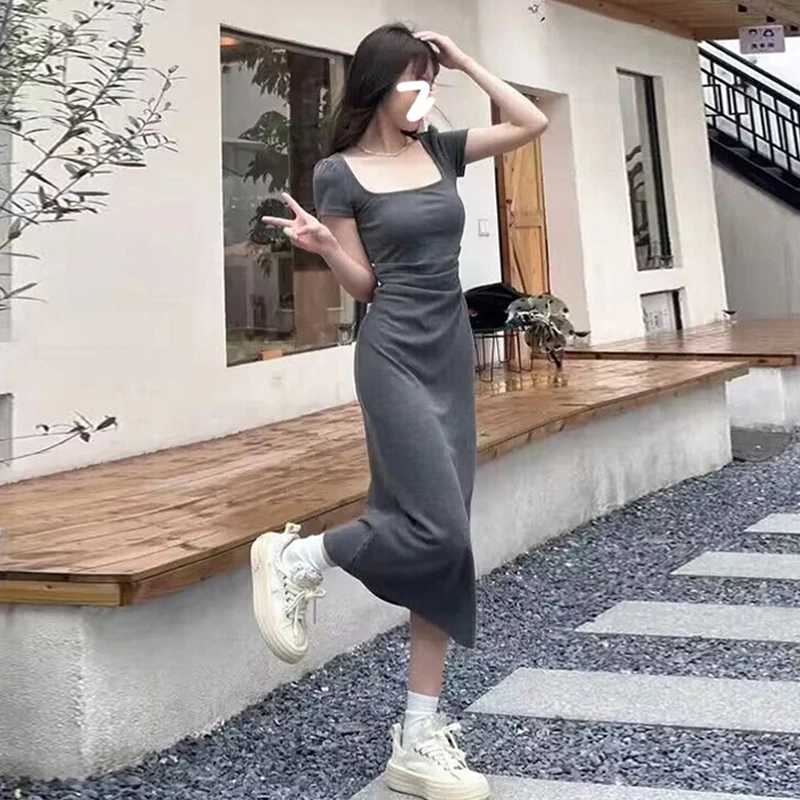 法式气质灰色连衣裙子女夏季2025新款高级感收腰修身显瘦包臀长裙