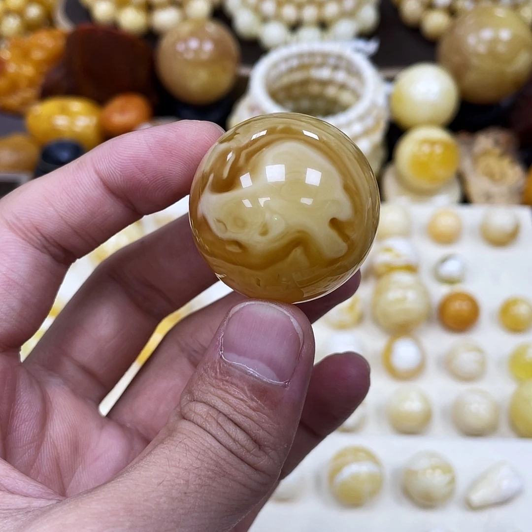 蜜蜡未镶嵌珠宝奇石34.2mm【橘紅特色妖黄白花】瑕疵·打孔不予退货