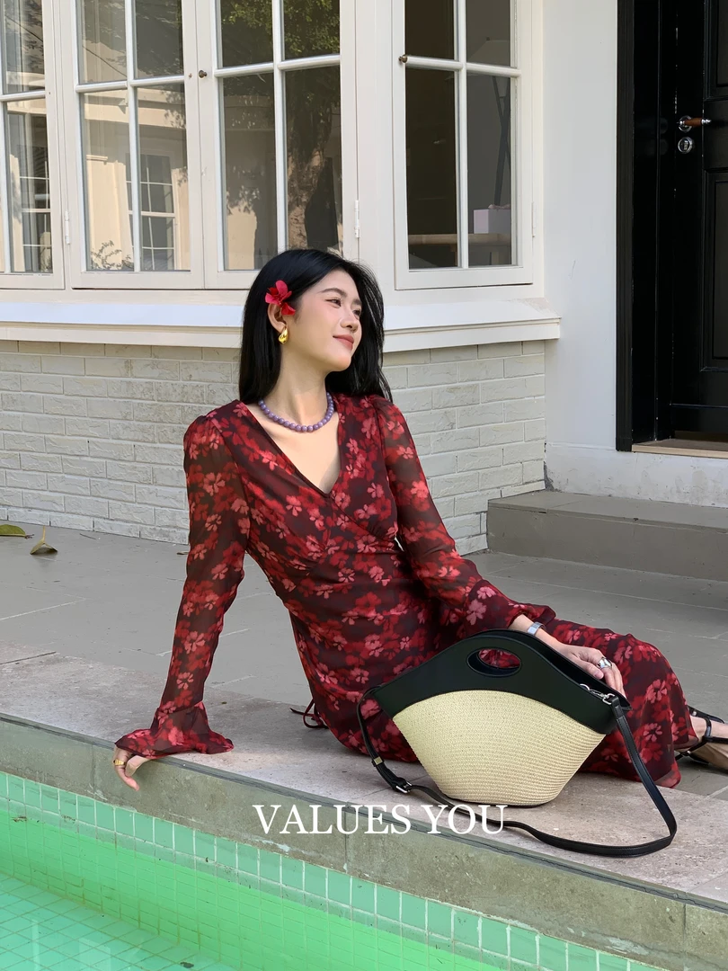 3726号#0015#V领复古印花固定腰带收腰连衣裙（带里衬无拉链）G4-43