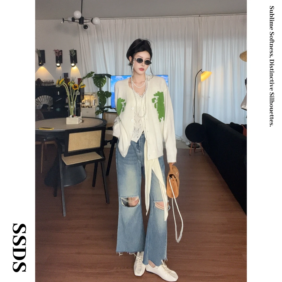 SSDS韩系新款时尚个性V领卡通羊毛针织衫开衫宽松外套女早秋上衣