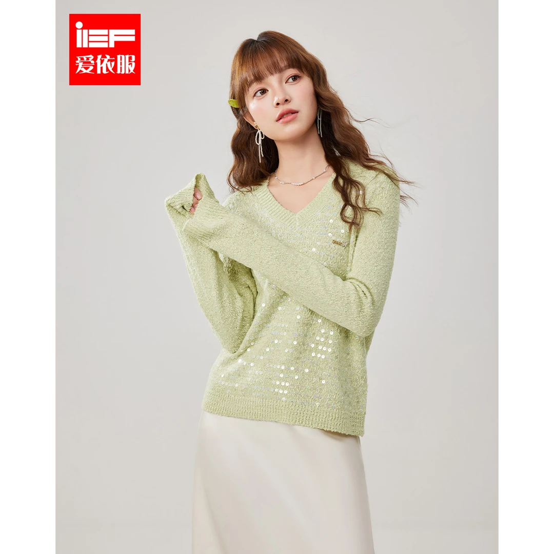 商场同款新品IEF/爱依服2025秋季新款V领慵懒风毛织上衣欧若风女