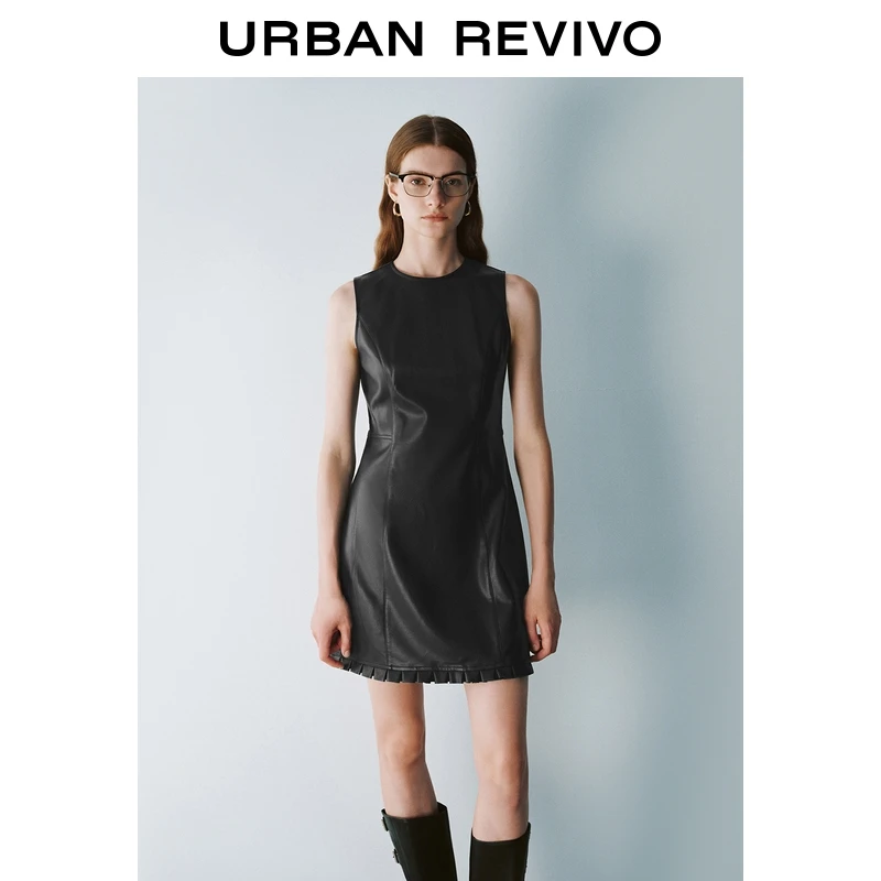 UR2025秋季新款女装时尚都市时髦荷叶边皮质连衣裙UYU750126+