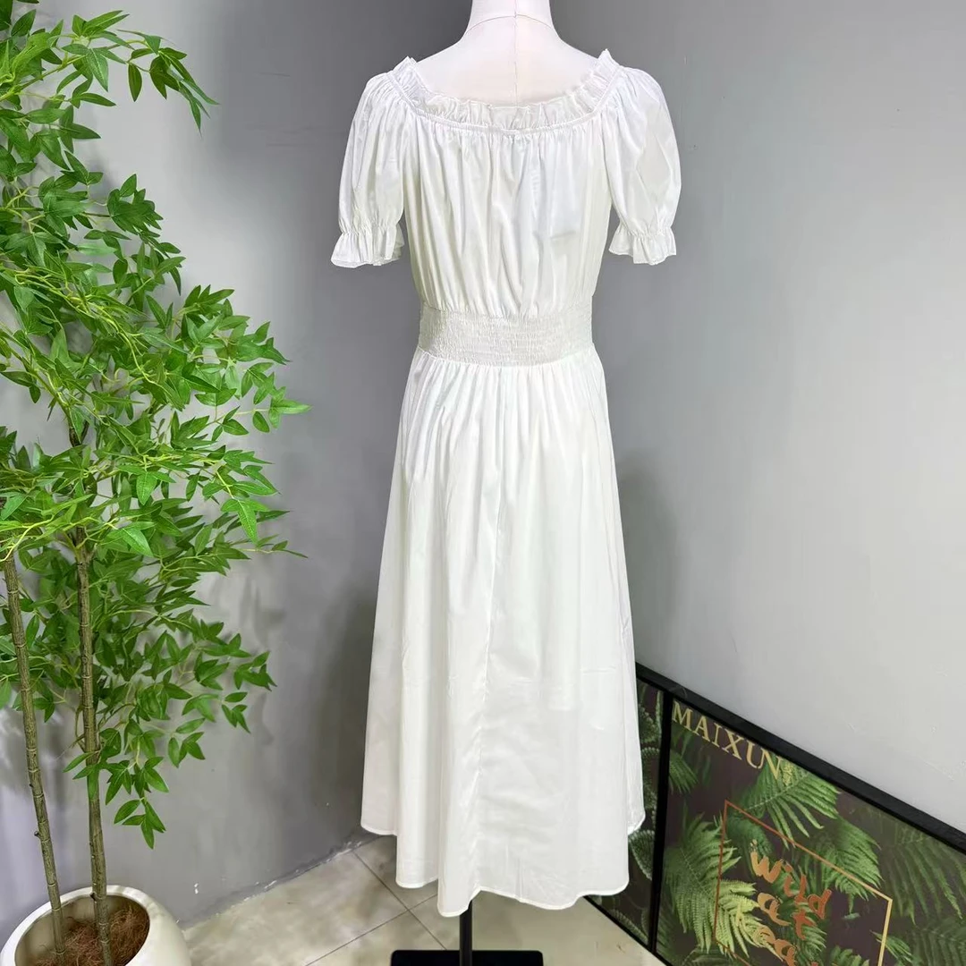 夏季泡泡袖收腰显瘦气质长款过膝白色优雅百搭方领连衣裙