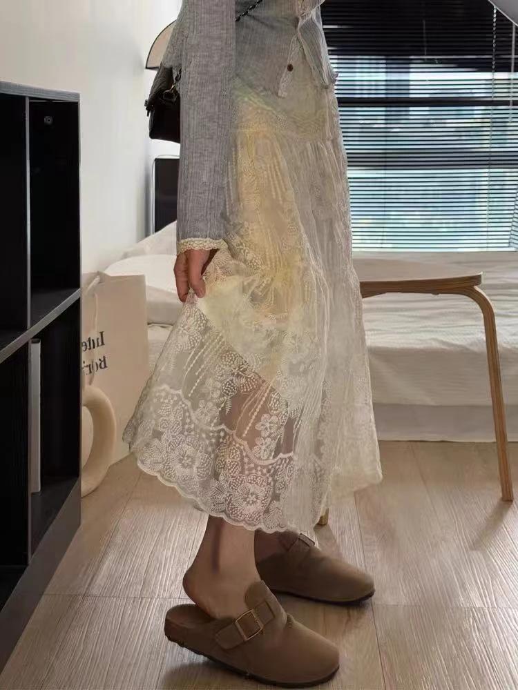 杏色法式蕾丝半身裙夏季胖mm大码梨形身材高腰遮胯显瘦a字蓬蓬裙