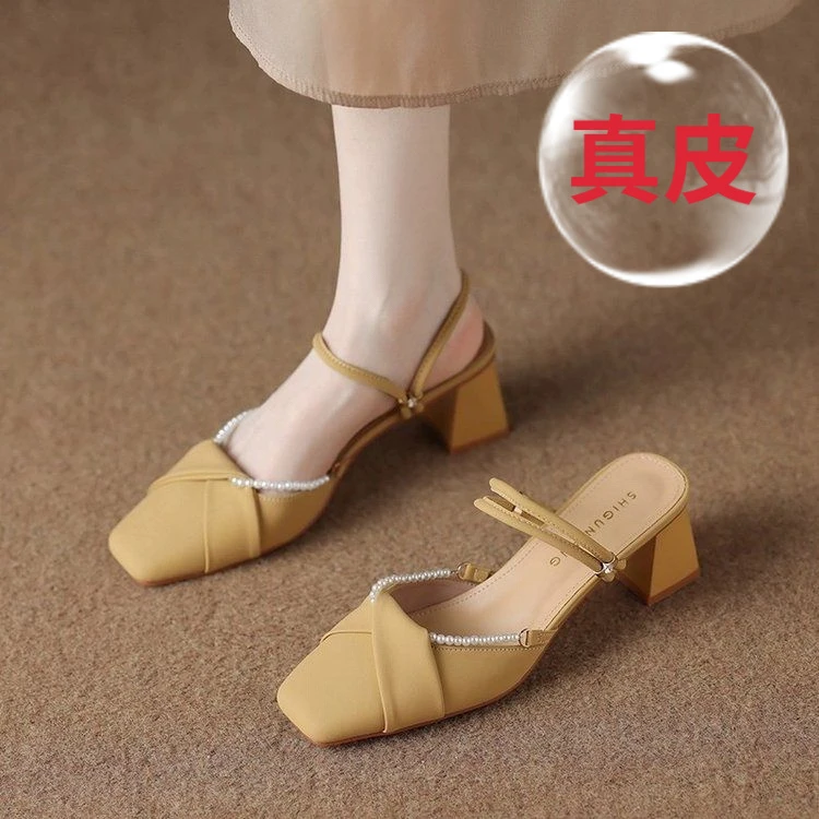 特价包头凉鞋女2025夏新款仙女尖头粗跟珍珠配裙高跟单鞋