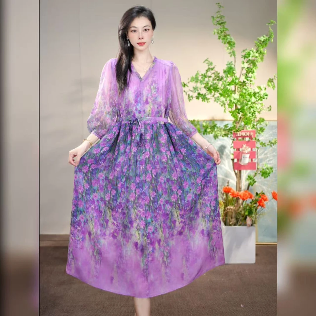 【多米拉】08725-4紫萝漫舞碎花气质夏季连衣裙
