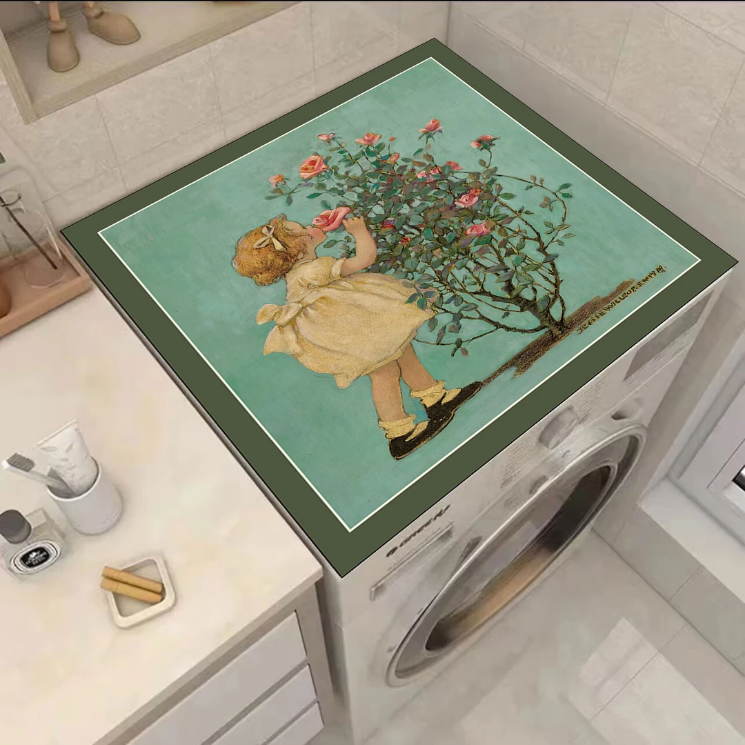 60*60cm复古油画风小女孩硅藻泥滚筒洗衣机垫吸水防滑垫