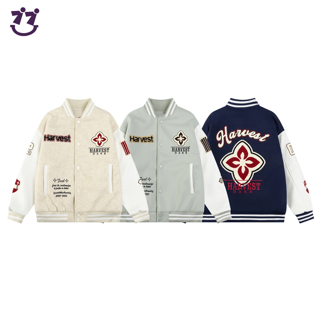 7ii7【高定呢子棒球服】重磅700G呢子拼接pu皮棒球服C8299-3