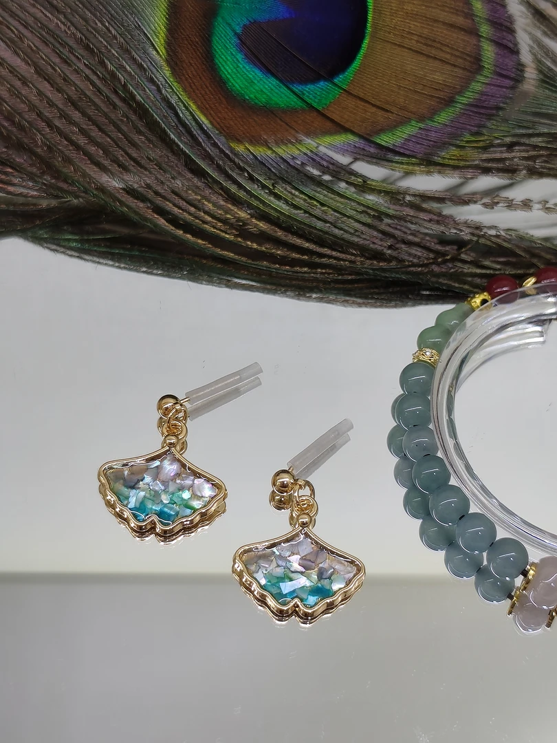 925银耳饰 原创设计非遗螺钿炫彩银杏扇形925耳饰复古时尚小众