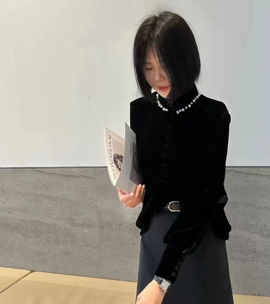 立领手工钉珠真丝丝绒上衣女2025新款春季宽松高级感衬衣