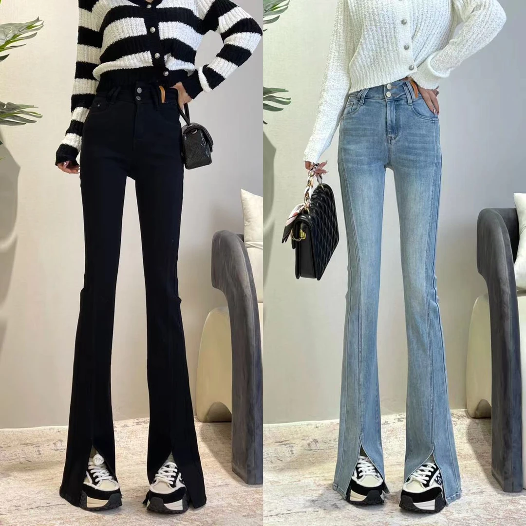 迪否开叉微喇牛仔裤2024秋冬新款小个喇叭修身显瘦弹力8806