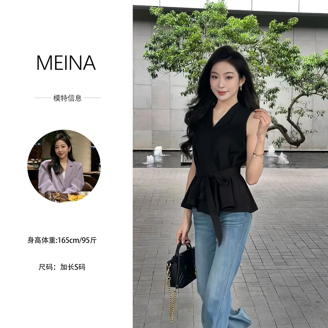 MEINA专属【复古浪潮】气质V领绑带设计感修身显瘦高级感衬衫背心