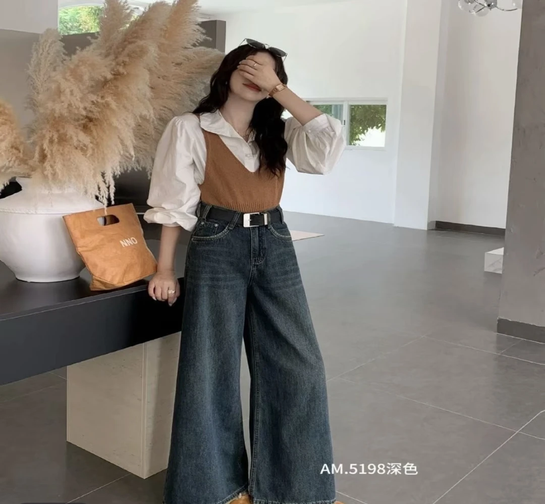 5198高腰柔软洗水做旧宽松显瘦阔腿拖地牛仔裤