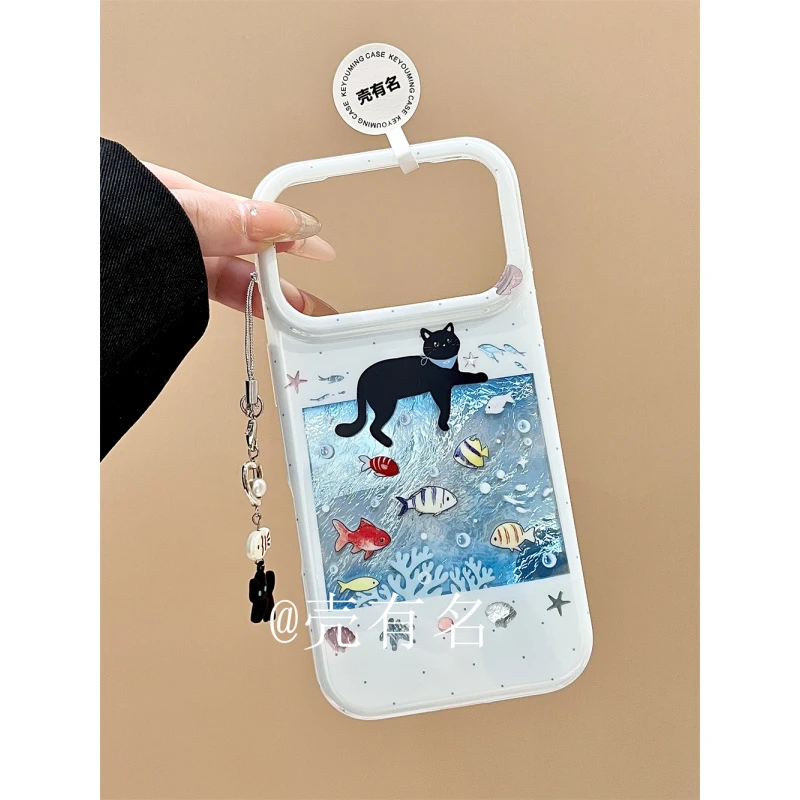 可爱小黑猫锡纸海底世界小鱼挂件适用苹果17手机壳iPhone16/15/14