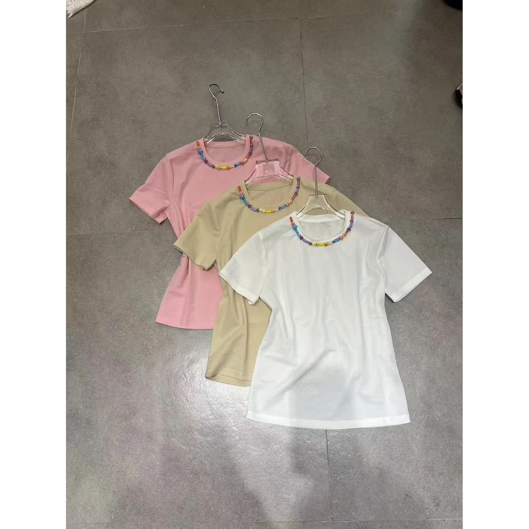 KIKI严选：1008-零点520家欧洲站南油夏季彩色钉珠百搭减龄T恤