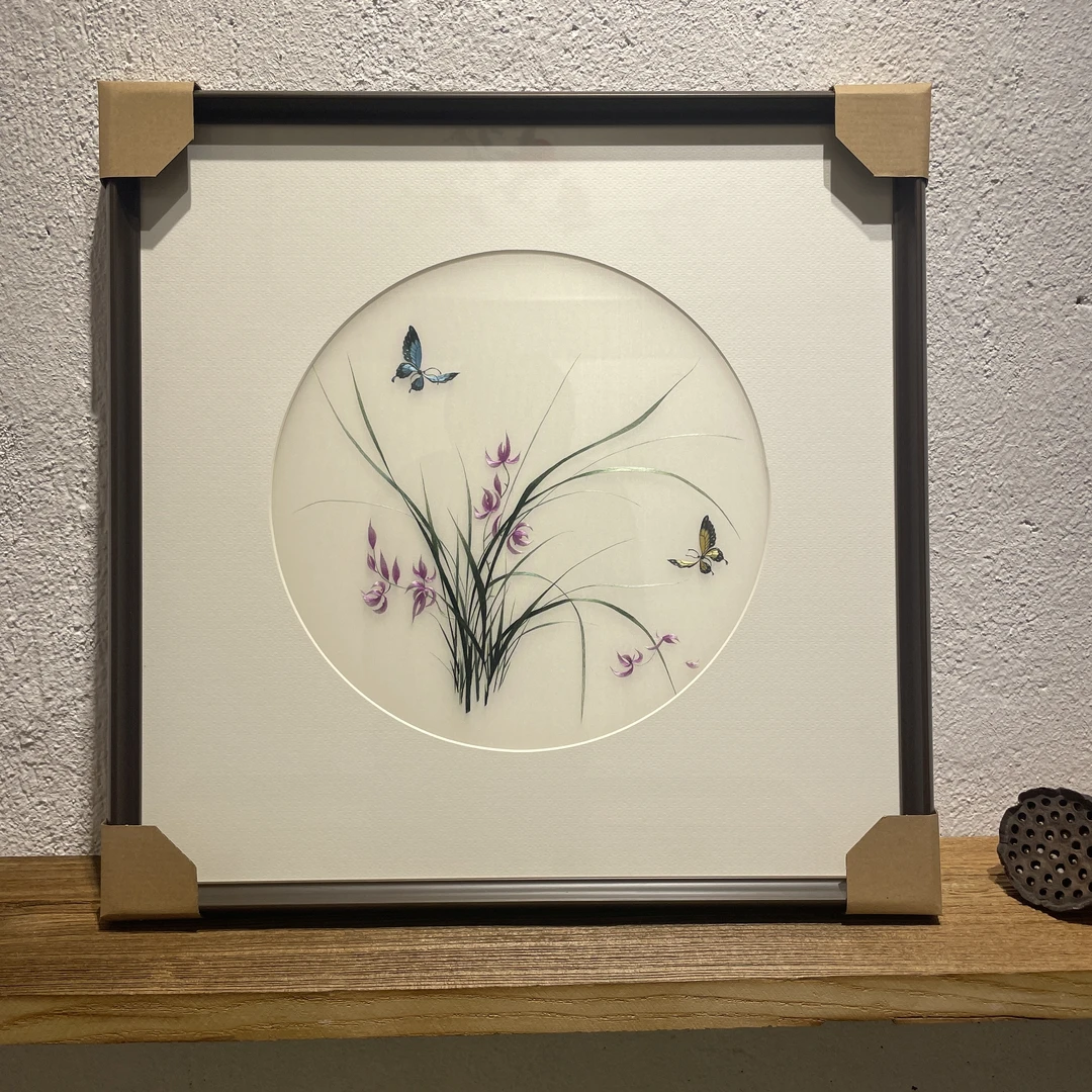 苏绣精品兰花兰蝶图蝶恋花家居装饰画中式新中式简约风格配画