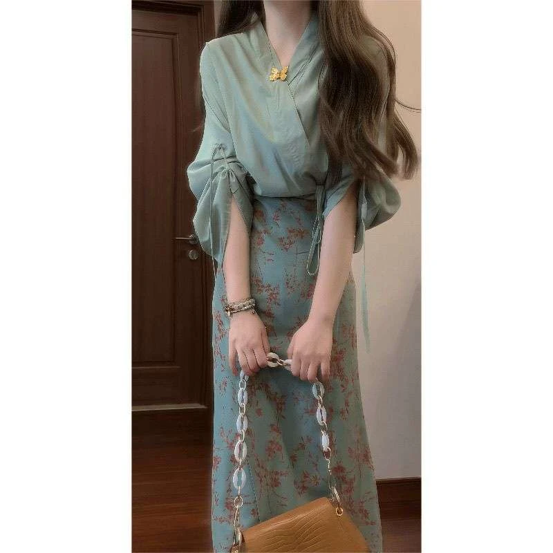 新中式复古交叠上衣+半身长裙小众宋制改良汉服女两件套装裙