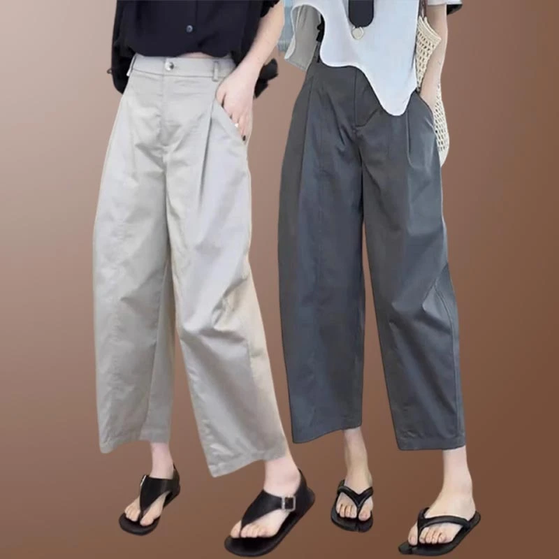 简约小个子时尚阔腿休闲裤女2025夏季新款高腰显瘦薄款九分弯刀裤