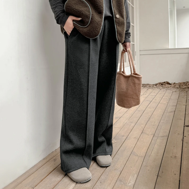 CD6797大码女装【三种裤长选】糯米绒抽绳高腰200斤直筒休闲阔腿裤