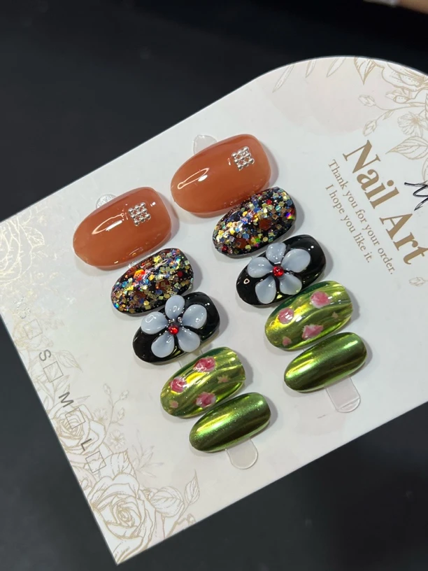 Ins风美甲雕花魔镜粉纯手工穿戴甲2140