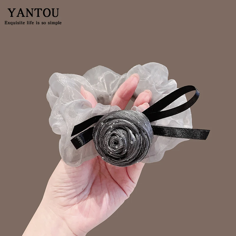 奶奶灰浪漫玫瑰花欧根纱发饰气质感束发圈扎发马尾皮筋头绳大肠圈